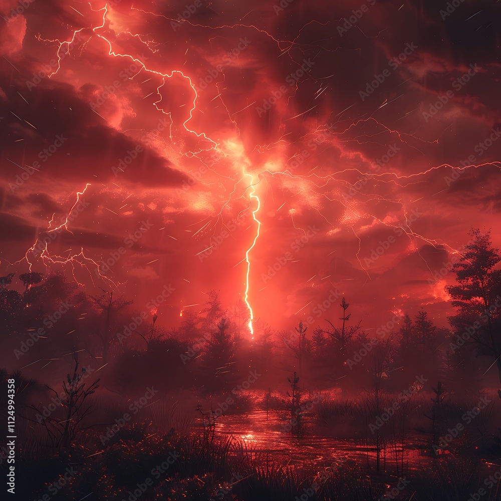 Fototapeta premium Dramatic Red Lightning Storm in Dark Sky