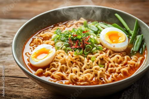 bowl of steaming ramen with perfectly cooked noodles boiled egg and fresh scallions placed on wooden table photo