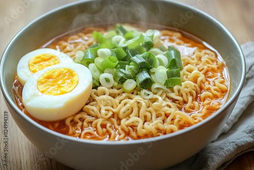 bowl of steaming ramen with perfectly cooked noodles boiled egg and fresh scallions placed on wooden table photo