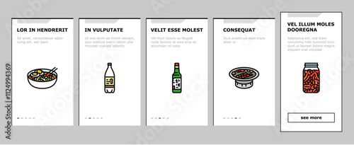korean cuisine food asian onboarding mobile vector korea menu, noodle top meal, bibimbap rice, topokki soup, chicken, healthy, dish korean cuisine food asian illustrations