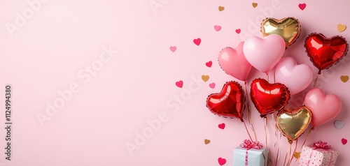 Valentine's day personalized gifts concept. Colorful heart-shaped balloons and gifts create a festive scene, perfect for celebrations and romantic occasions.