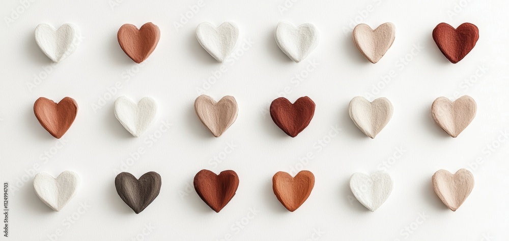 Valentine's day personalized gifts concept. A collection of heart-shaped objects in various neutral tones arranged in a grid pattern on a light background. Valentine's day personalized gifts concept. A collection of heart-shaped objects in various neutral tones arranged in a grid pattern on a light background.