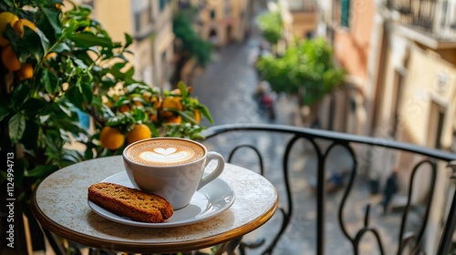 Fototapeta Naklejka Na Ścianę i Meble -  A cup of authentic Italian espresso served with a small biscotti, set on a cafe table with a charming street view in the background.