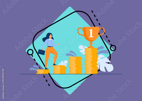 Successful woman climbing stairs from stacks of coins flat vector illustration. Cartoon businesswoman investing money and increasing finance. Financial goal and retirement concept