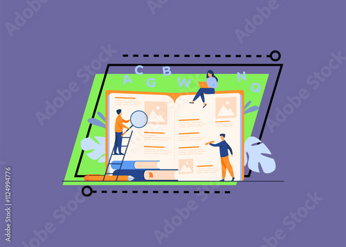 Students learning foreign language with vocabulary. Tiny people reading grammar book. Flat vector illustration for abc book, literature class, knowledge concept