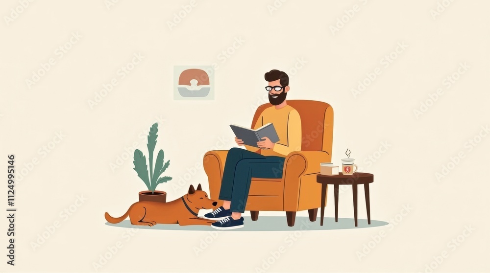 Fototapeta premium Bearded Man with Glasses Sitting in Vector Style Illustration
