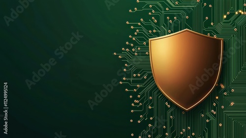 A golden shield emblem on a dark green background, symbolizing cybersecurity and protection amidst a circuit pattern.
