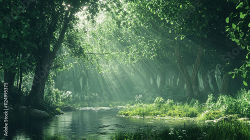 serene forest scene with sunlight filtering through trees, creating peaceful atmosphere