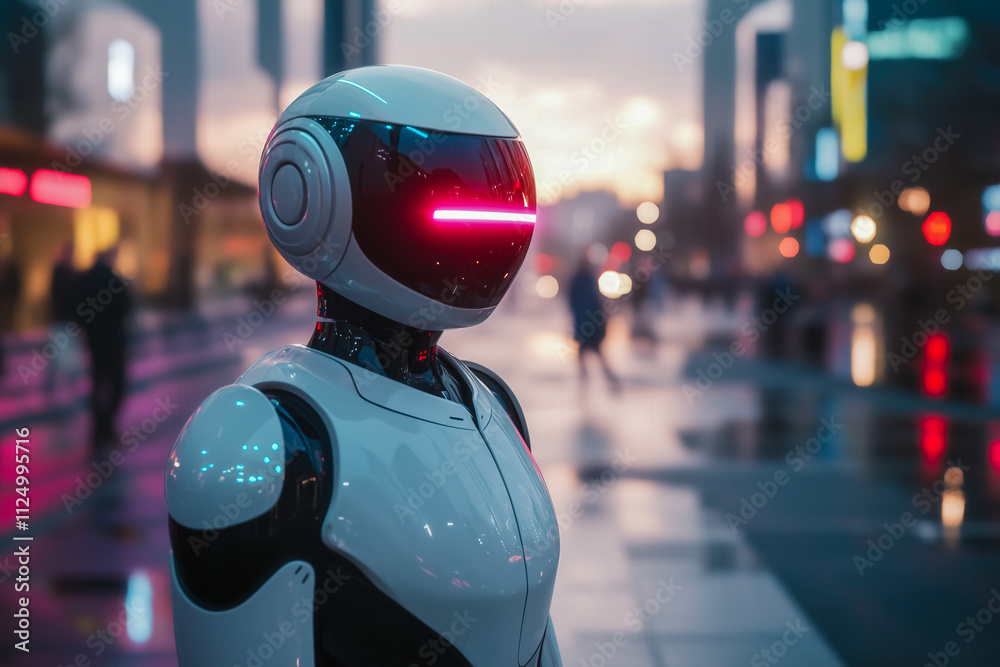 Fototapeta premium A sleek, humanoid robot standing alone on a modern city street at dawn, minimalistic urban design in the background