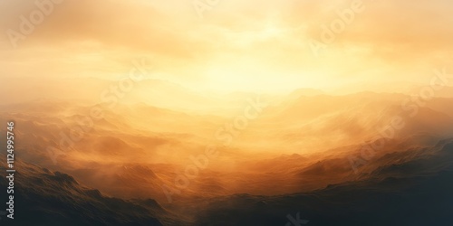 misty mountain range with light fog and warm, golden light, Generative AI