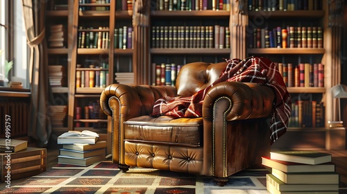 A cozy library corner with a leather armchair and a pile of books. photo