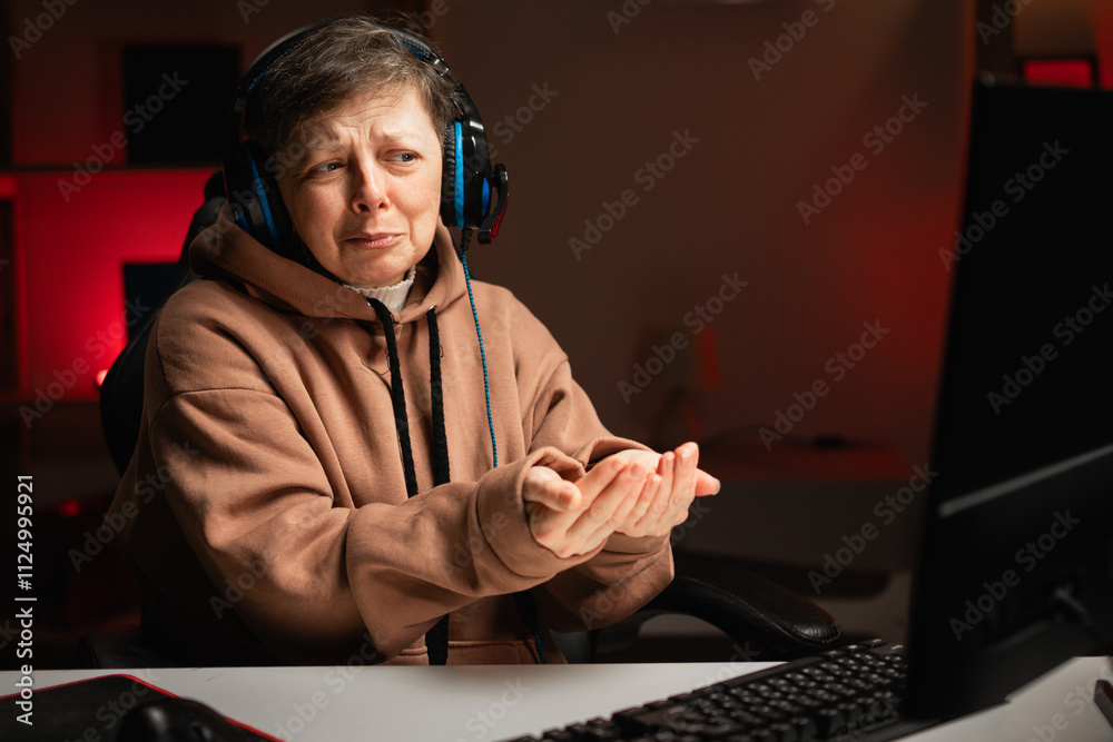 Woman playing video games with hands palms receiving or giving gesture. Woman playing video games with hands palms receiving or giving gesture.