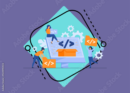 Tiny developers programming website for internet platform flat vector illustration. Cartoon programmers near screen with open code or script. Software development and digital technology concept
