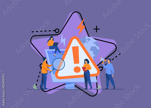 Tiny people examining operating system error warning on web page isolated flat vector illustration. Cartoon mistake and alert on website. Computer diagnostics and digital technology concept