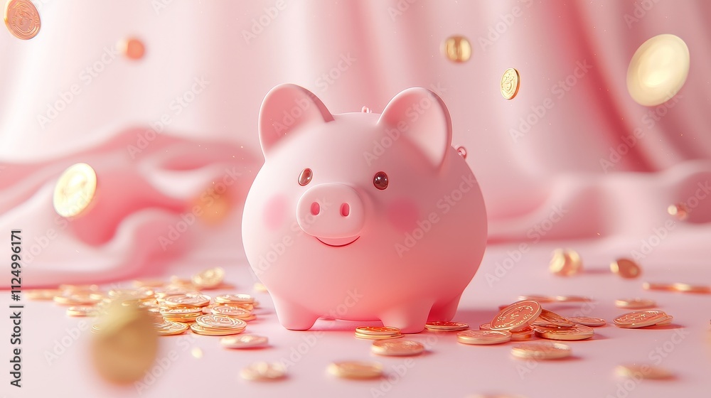 Highly Detailed 3D Piggy Bank Surrounded by Golden Coins Highly Detailed 3D Piggy Bank Surrounded by Golden Coins