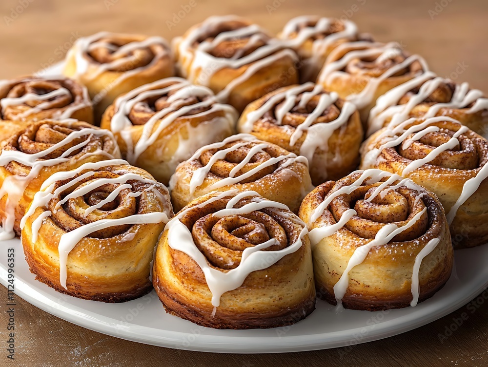 A platter of freshly baked cinnamon rolls with creamy icing drizzle A platter of freshly baked cinnamon rolls with creamy icing drizzle
