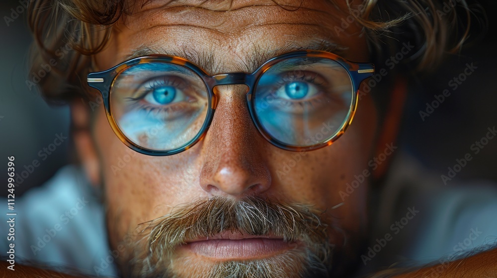 Close-up portrait of a man with blue eyes and glasses, capturing a thoughtful expression in a cozy indoor setting Close-up portrait of a man with blue eyes and glasses, capturing a thoughtful expression in a cozy indoor setting