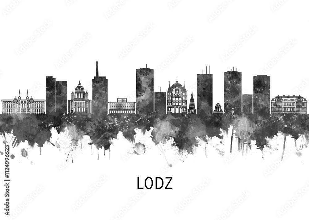 Obraz premium Lodz Poland Skyline BW, landscape watercolor abstract painting travel illustration urban art modern downtown landmarks skyscrapers artwork