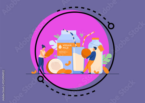 Tiny people near lactose free milk flat vector illustration. Cartoon vegan almond, oat, rice, soya and seed beverages. Wellness and delicious raw food concept
