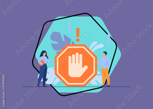 Tiny people standing near prohibited gesture isolated flat vector illustration. Cartoon symbolic warning, danger or safety caution information. Forbidden entry or restricted area concept