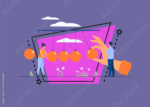 Tiny people standing near pendulum isolated flat vector illustration. Metaphor of motivation positive impact and work for success. Inertia force, rhythm and momentum concept