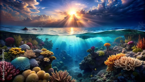 Fototapeta Naklejka Na Ścianę i Meble -  Colorful coral reef and fish underwater with bright sunlight shining through ocean waves
