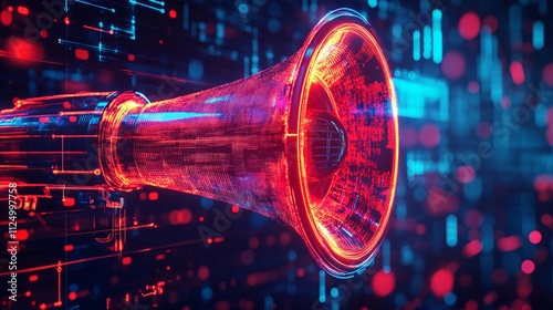 A vibrant digital illustration of a megaphone emitting sound waves, surrounded by a futuristic backdrop of data and technology.