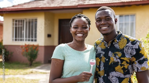 A young couple standing in front of their newly purchased affordable home, smiling with keys in hand.