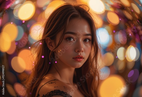 Portrait of a beautiful woman in a nightclub smiling with glamorous makeup and a background of blurry colorful lights photo