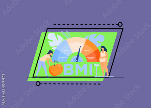 Tiny women near obese chart scales isolated flat vector illustration. Cartoon female characters on diet using weight control with BMI. Body mass index and medical fitness exercise concept