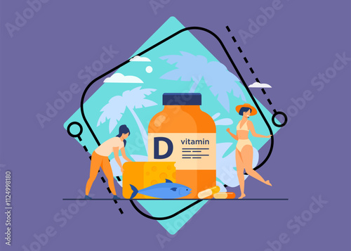Tiny women eating fatty fish, vitamin D, cheese and sunbathing flat vector illustration. Cartoon ladies using food supplements for deficiency reduction. Wellbeing and health concept