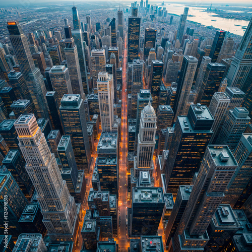 Drone view of a large city at dusk