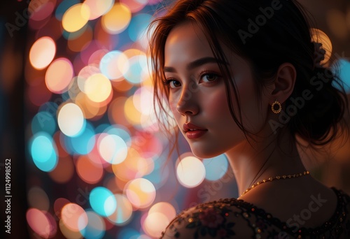 Portrait of a beautiful woman in a nightclub smiling with glamorous makeup and a background of blurry colorful lights photo