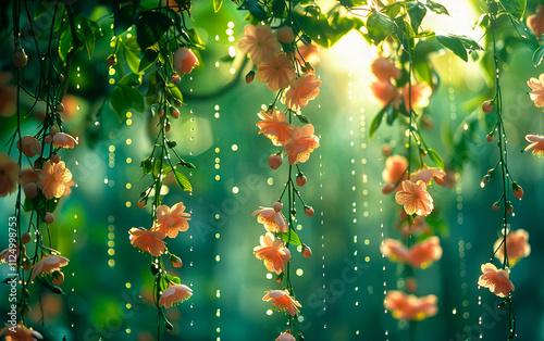 lush foliage and vibrant ornamental blooms of flowers hanging nature background