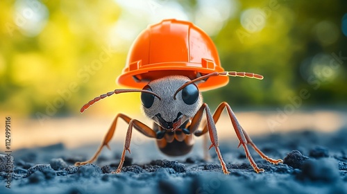 A humorous ant wearing an orange hard hat, positioned on a surface, suggesting a playful construction theme in nature. photo