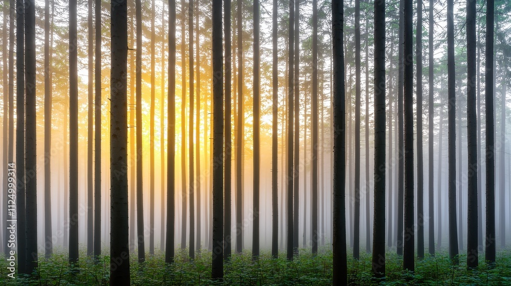 Obraz premium A tranquil forest scene at sunrise, with tall trees enveloped in mist, creating a serene and atmospheric landscape.