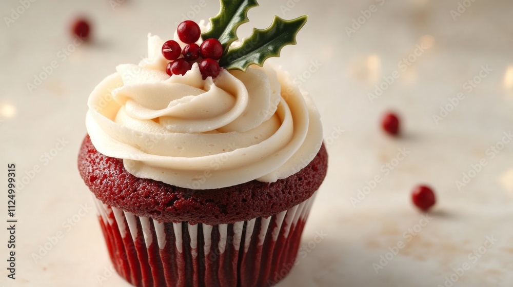 A single red velvet cupcake with a swirl of cream cheese frosting, topped with a tiny holly berry decoration A single red velvet cupcake with a swirl of cream cheese frosting, topped with a tiny holly berry decoration
