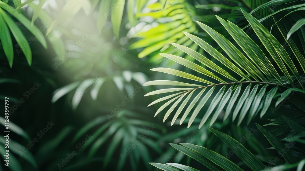Naklejka premium Lush green foliage with varying textures and shades, creating a serene and vibrant atmosphere reminiscent of a tropical paradise.