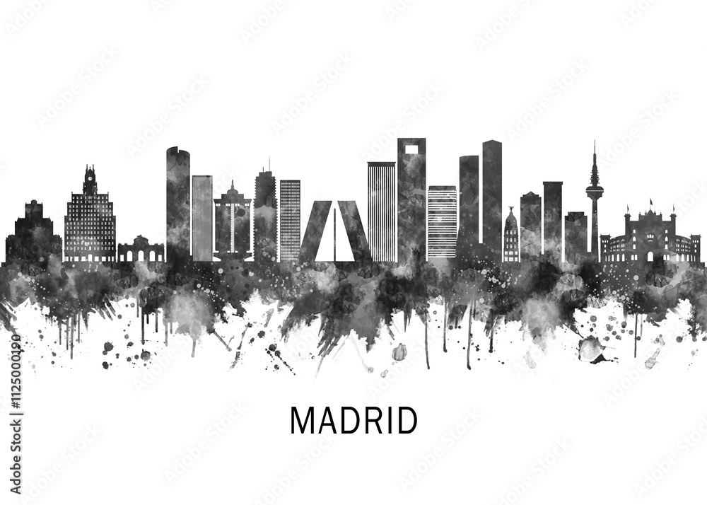 Madrid Spain Skyline BW, landscape watercolor abstract painting travel illustration urban art modern downtown landmarks skyscrapers artwork