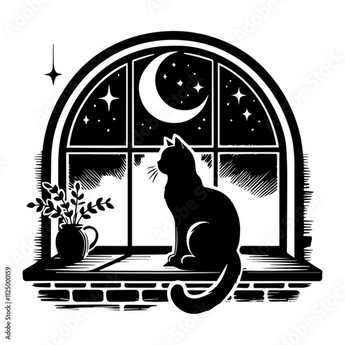 Silhouette of a cat sitting on a windowsill under a crescent moon vector