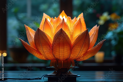 A decorative lamp shaped like a lotus flower, emitting a warm glow in a serene setting. photo