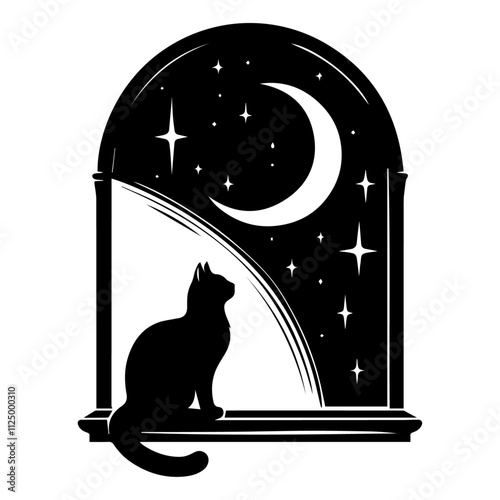 Silhouette of a cat sitting on a windowsill under a crescent moon vector
