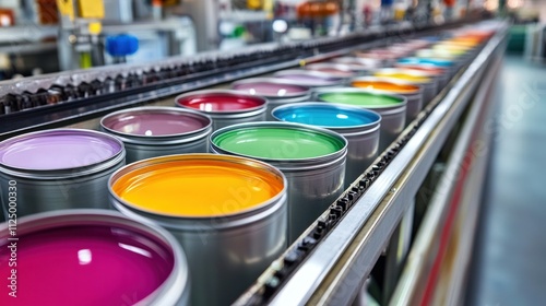 Paint filling line with metal cans gliding along, nozzles dispensing exact quantities of color, lids sealed automatically