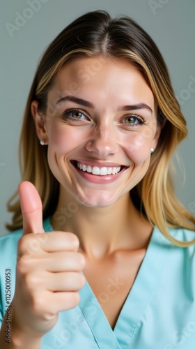 Smiling healthcare professional giving a thumbs up in a cheerful environment