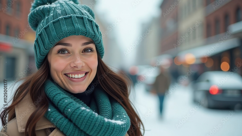 Beautiful happy young woman in a jade-colored knitted hat and scarf, beige coat against winter city background. Banner. Beautiful happy young woman in a jade-colored knitted hat and scarf, beige coat against winter city background. Banner.