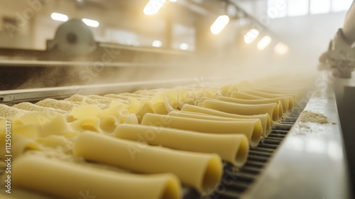 Pasta factory line extruding noodles, cutting them into equal lengths, flour dust lightly visible in warm overhead lights photo