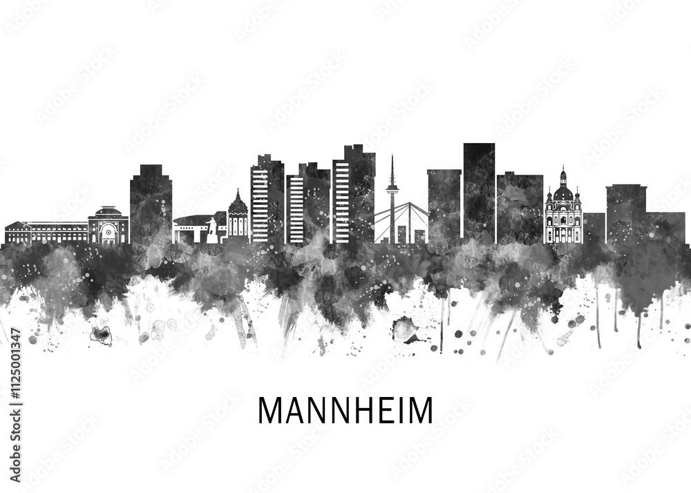 Mannheim Germany Skyline BW, landscape watercolor abstract painting travel illustration urban art modern downtown landmarks skyscrapers artwork