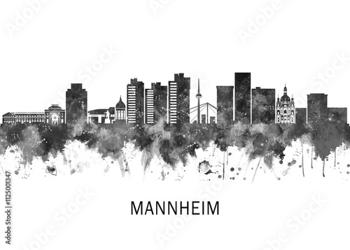 Obraz na płótnie Mannheim Germany Skyline BW, landscape watercolor abstract painting travel illustration urban art modern downtown landmarks skyscrapers artwork w salonie