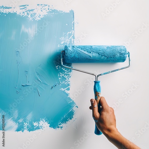 Close-Up of a Hand Holding a Blue Paint Roller on White Background photo