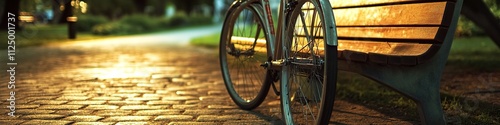 close-up of bicycle leaning against wooden bench in dimly lit park photo